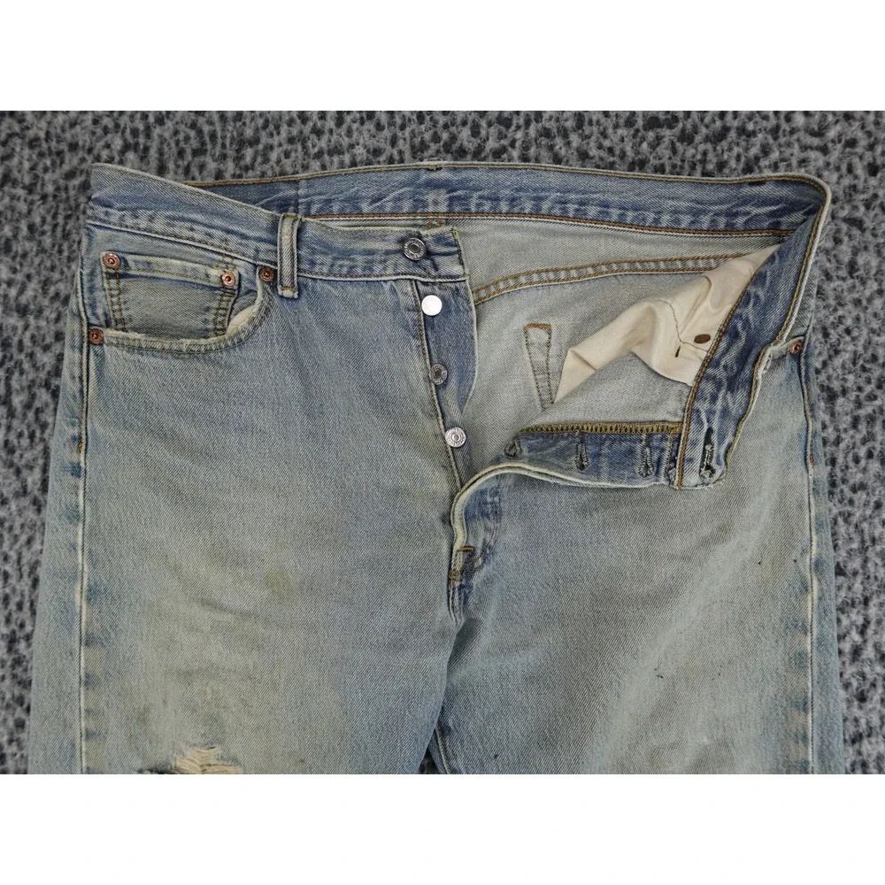 Levi's 501 Original Fit Mens W36 L33 Light Blue Distressed‎ Button Fly Jeans